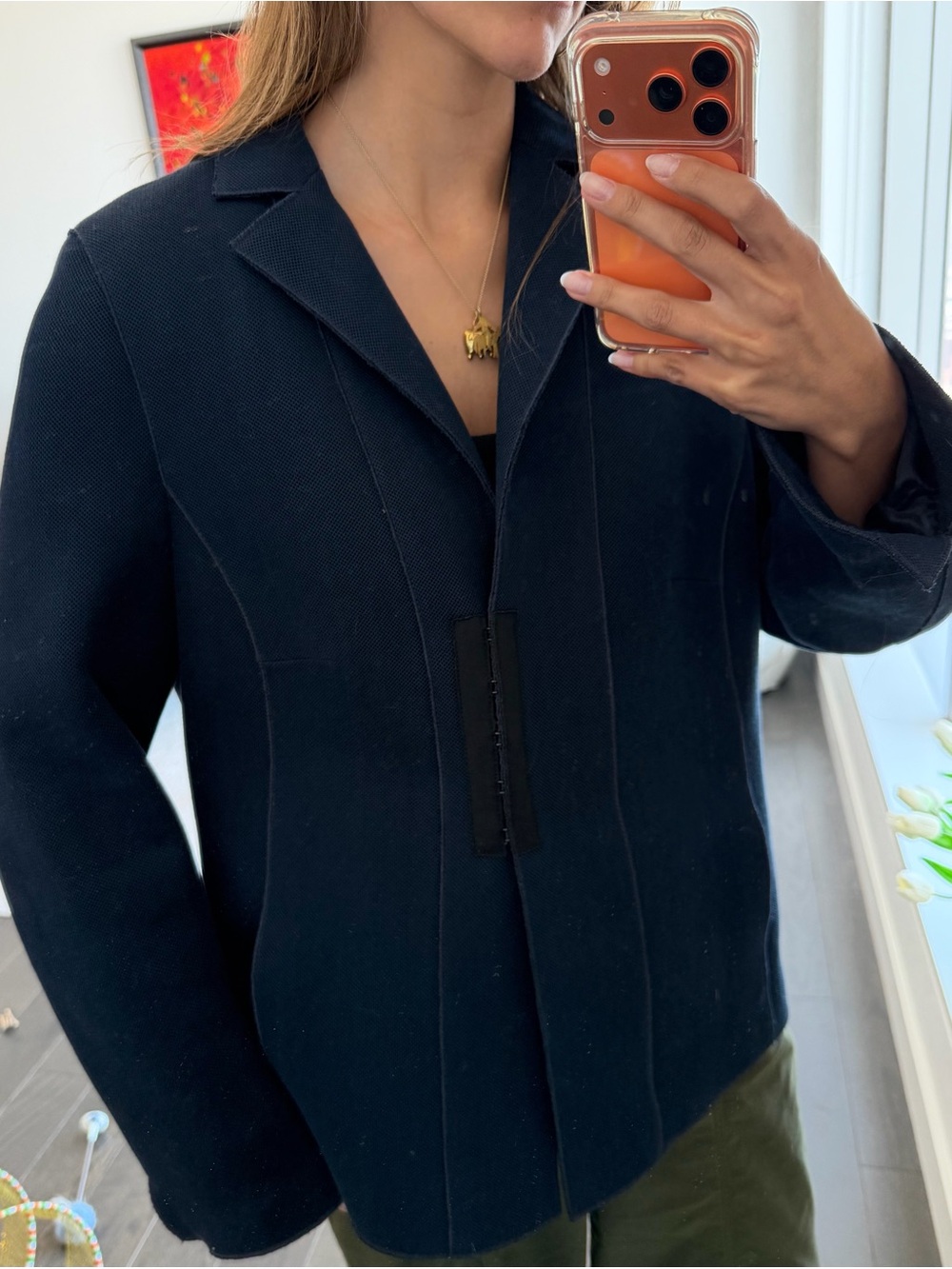 Akris Punto Navy Textured Hook-Front Blazer | Swiss Designer | US 14